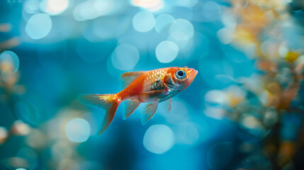Fototapeta premium Close-up of a small fish swimming in an aquarium in transparent clear water. Animals concept.