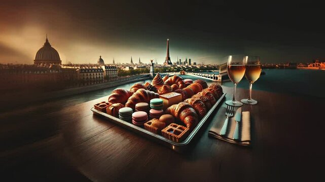 Indulge in a gourmet selection of French pastries like croissants and macarons, set against the stunning backdrop of the Eiffel Tower. A true celebration of Parisian elegance and culinary art 
