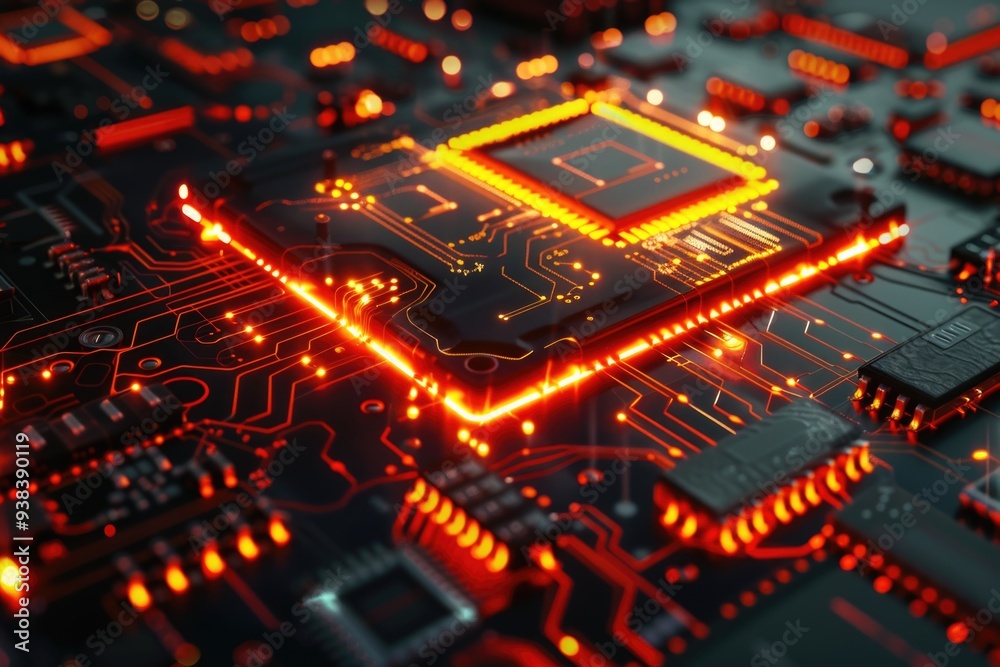 Poster a close-up shot of a circuit board with bright red lights, perfect for tech and innovation-themed pr