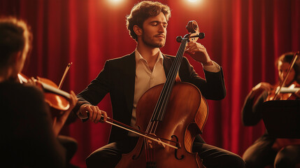 Fototapeta premium Handsome young Male classical music artist passionately playing cello with string quartet musicians sitting in circle in studio with contrast top light against red curtains