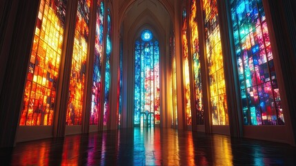 Obraz premium A large room with many colorful stained glass windows