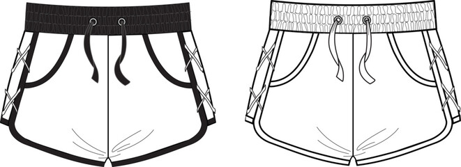 Unisex Jersey Shorts- Technical fashion illustration. Front, white color. Unisex CAD mock-up.