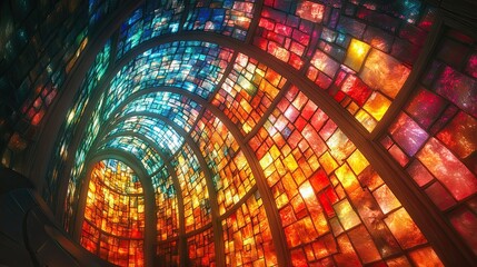 A spiral staircase with colorful stained glass windows