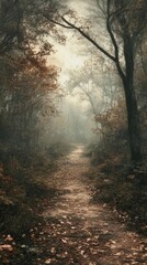 Fototapeta premium A path through a forest with trees and leaves on the ground