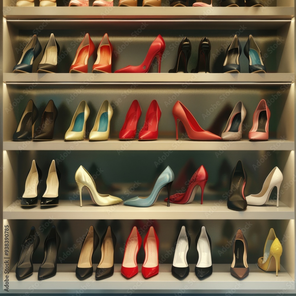 Poster a shelf filled with various types of shoes