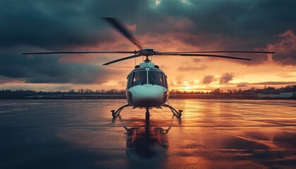 A helicopter parked on a reflective runway during sunset with dramatic clouds in the background