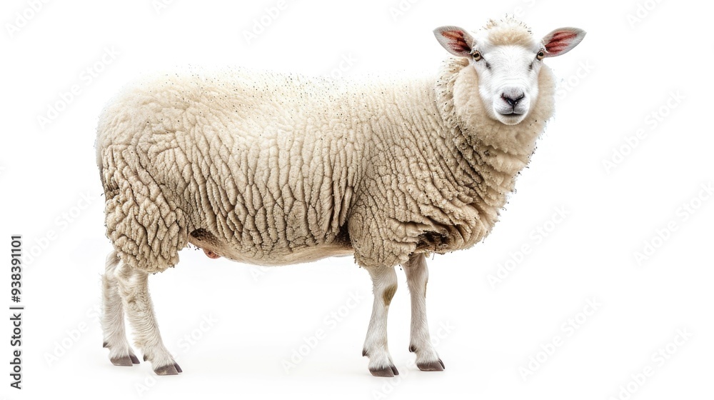 Poster A sheep standing alone on a white background, ideal for use in presentations, branding and design projects