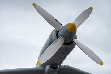 Turboprop engine on the wing of an airplane.
