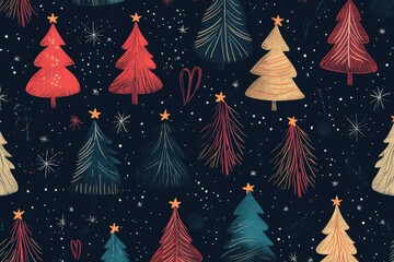Charming doodle pattern of colorful Christmas trees on a dark background