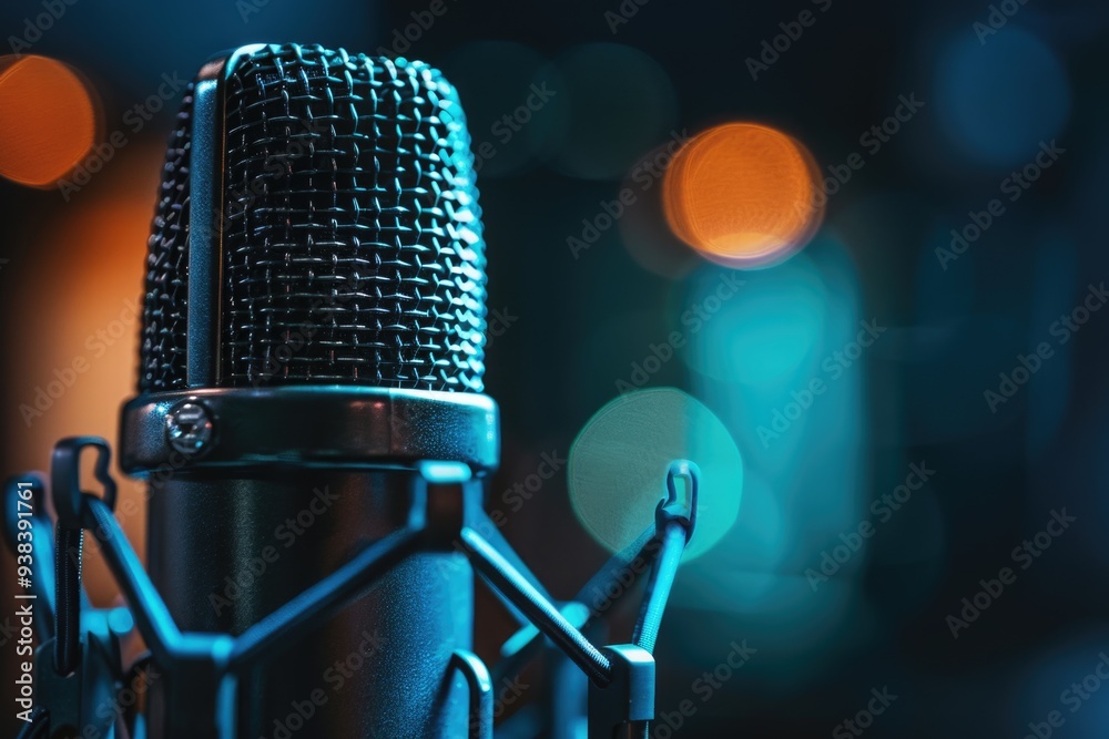 Poster A close-up shot of a microphone with a blurred background, perfect for use in presentations or music-related concepts