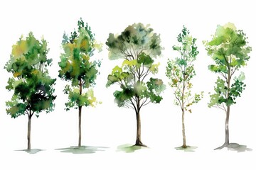 Watercolor illustration of a group of trees on a white background, ideal for use as a decorative element or in designs related to nature and the outdoors