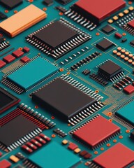 Close-up of a colorful printed circuit board with various electronic components, showcasing intricate design and technology details.