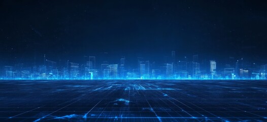 Fototapeta premium Dark Blue Background with Digital Cityscape, Glowing Lines, and Grid Patterns Representing Technology and Urban Innovation