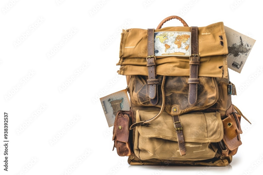 Poster a backpack with a map unfolded on a clean white surface, perfect for travel or adventure-themed proj