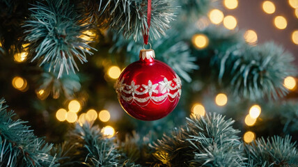 Fir branches with red ball and cones on festive background. Golden Christmas decorations with cones and fir branches.