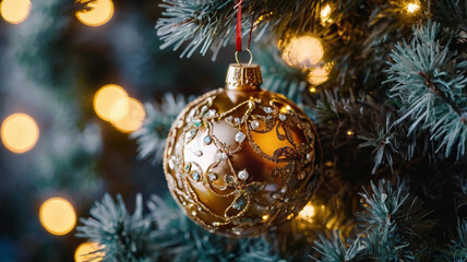 Fir branches with red ball and cones on festive background. Golden Christmas decorations with cones and fir branches.