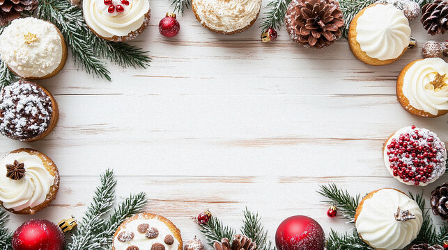 Frame of cup cake decorative with christmas theam on white woodden table  