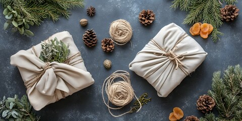Natural christmas gift wrapping with pine sprigs and twine on a dark rustic background