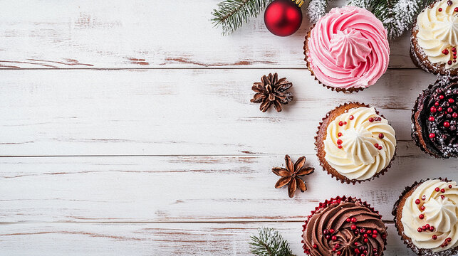 Frame of cup cake decorative with christmas theam on white woodden table  