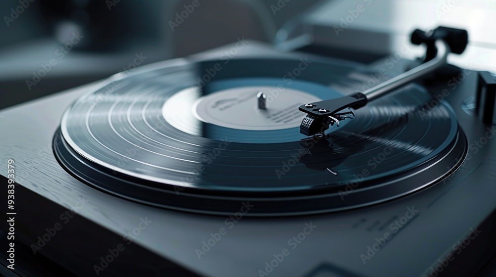 Poster a close-up view of a record player spinning a vinyl record on a turntable, perfect for music or nost