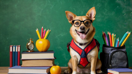 dog student on the background of backpack, books and school supplies banner. Back to school, college, university. September 1, library