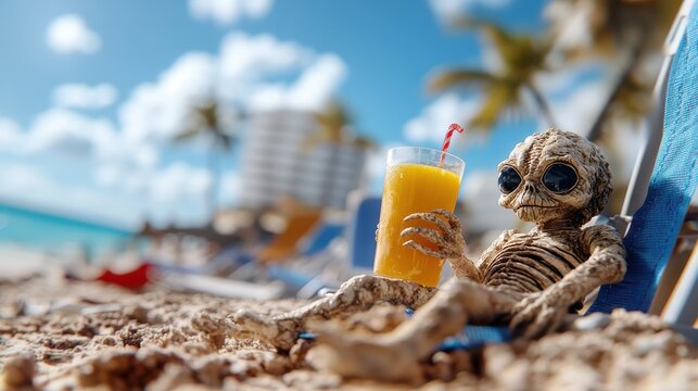 A skeleton with sunglasses amusingly relaxes while holding an orange juice on a beach, presenting a playful and lighthearted take on leisure and beach vacations.