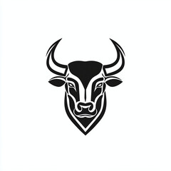 Fototapeta premium Minimalist black and white vector logo of a bull's silhouette with curved horns, isolated on white background