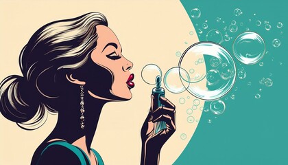 Woman blowing soap bubbles, portrait silhouette illustration. Elegant profile portrait of a young beautiful woman. Comic book illustration. Pop art