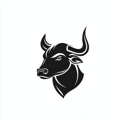 Minimalist black and white vector logo of a bull's silhouette with curved horns, isolated on white background