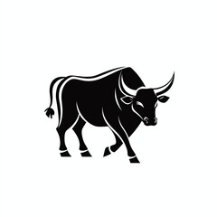 Minimalist black and white vector logo of a bull full body silhouette with curved horns, isolated on white background