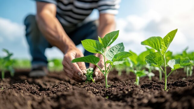 The hands of a farmer tending to lush green plants in the field, symbolizing dedication, growth, and the connection between humans and nature in agricultural life.