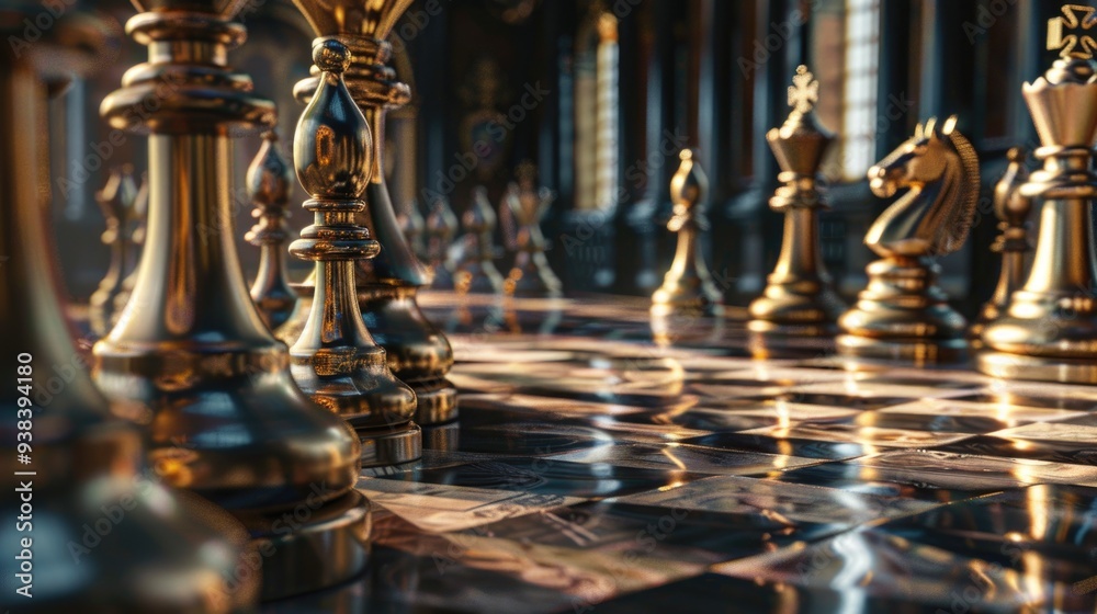 Poster a detailed view of a chess board with various pieces positioned