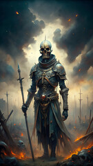 Dark Armored Skeletal Warrior Standing in a Smoldering Battlefield