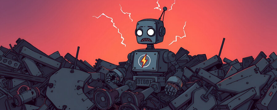 illustrazione stile fumetto di piccolo robot in corto circuito seduto su una pila di rottami