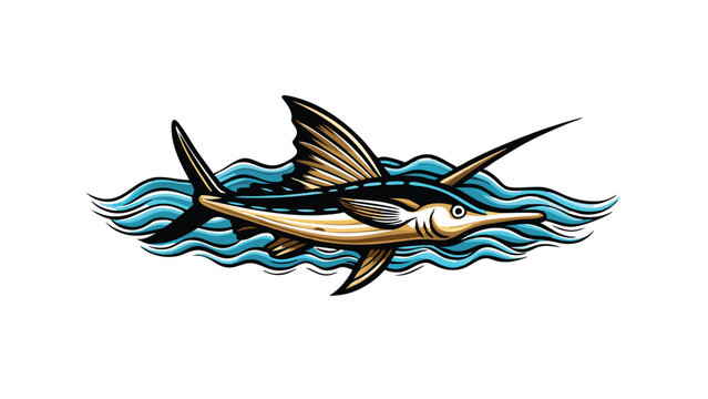 swordfish swimming in blue water, retro style clip art preview