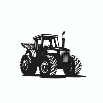 Minimalist monochrome logo of a farm tractor with a front loader, isolated on white background, isotype