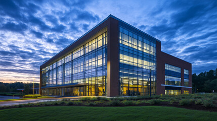 Fototapeta premium Elegancki budynek z nowoczesnym szkłem i cegłą, z dużymi oknami i rozświetlonym wnętrzem, otoczony zielonymi przestrzeniami, pod dramatycznym niebem w czasie zmierzchu.