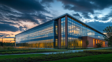 Fototapeta premium Elegancki budynek z nowoczesnym szkłem i cegłą, z dużymi oknami i rozświetlonym wnętrzem, otoczony zielonymi przestrzeniami, pod dramatycznym niebem w czasie zmierzchu.