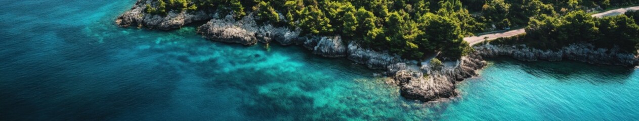 Naklejka premium Coastal view of rocky shoreline and clear blue waters at sunset
