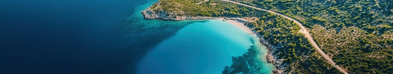 Fototapeta premium Aerial view of tranquil turquoise waters and lush coastline at sunrise