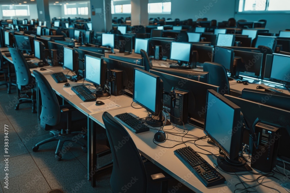 Poster A row of computers sitting on a modern office desk