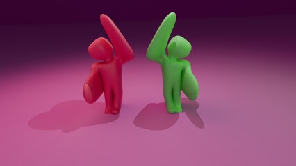 3d render of two people representing red flag and green flag qualities. Hi, Dating concept. Abstract relationship and personality concept