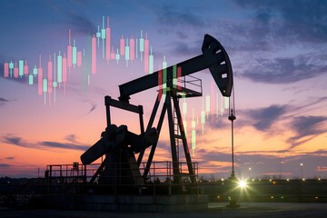 Oil pumpjack silhouette with stock data overlay, blending industrial and financial themes