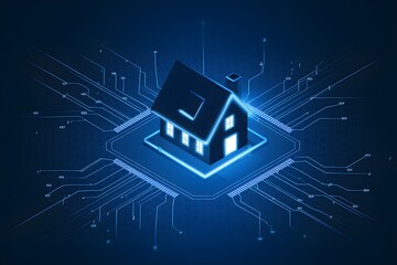 Blue neon house surrounded by circuits on a hexagonal background, symbolizing smart tech