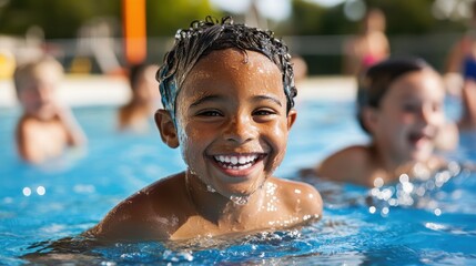 A young boy with wet hair joyfully smiles while in an outdoor swimming pool, surrounded by other children playing and enjoying a bright sunny day.