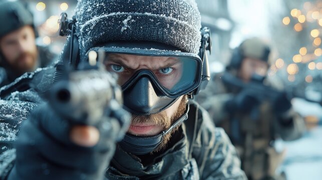 Soldier aiming a gun in a snowy landscape, demonstrating intense focus and readiness as part of a military operation or training exercise in extreme winter conditions.