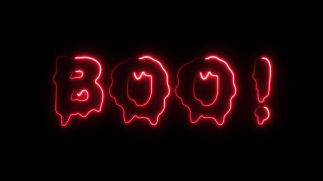 Neon Boo text. BOO! neon sign. Halloween concept. Animated banner. Line art. Isolated on black background. Holiday. Halloween message. Design print on shirt, card, poster, tee. Red text blood. 
Scary.