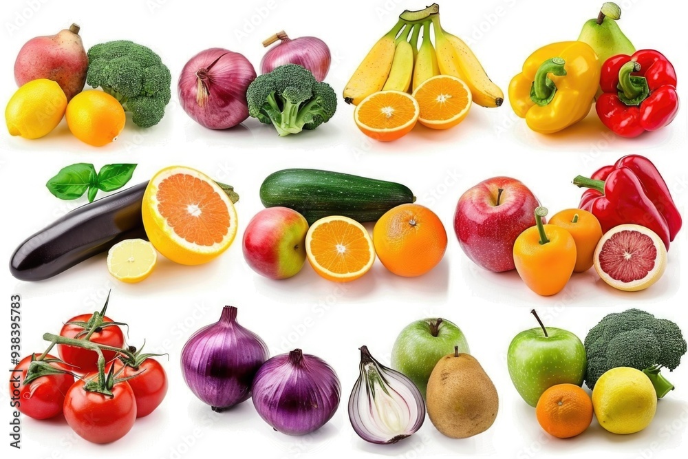 Poster a colorful arrangement of various fruits and vegetables on a white background