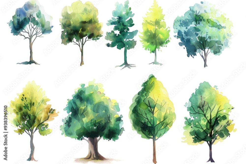 Aufkleber set of watercolor trees in different colors, ideal for background or design elements