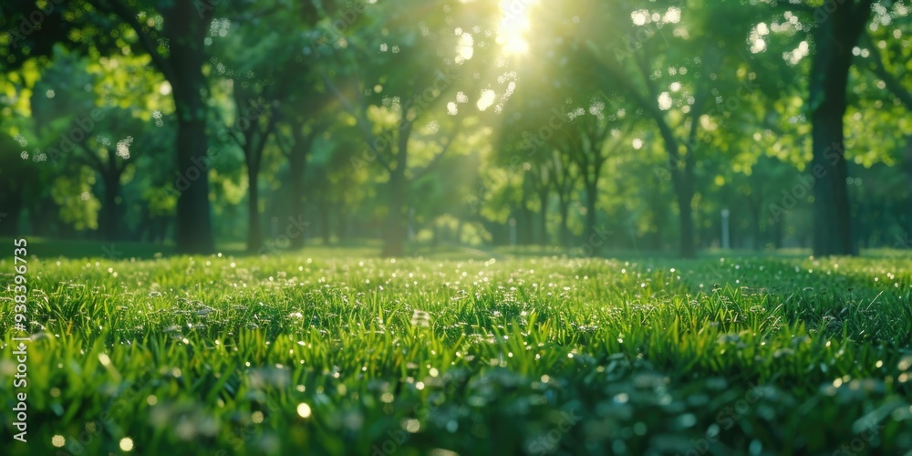 Poster a serene natural scene featuring a field of green grass and sunlight peeking through tree branches, 